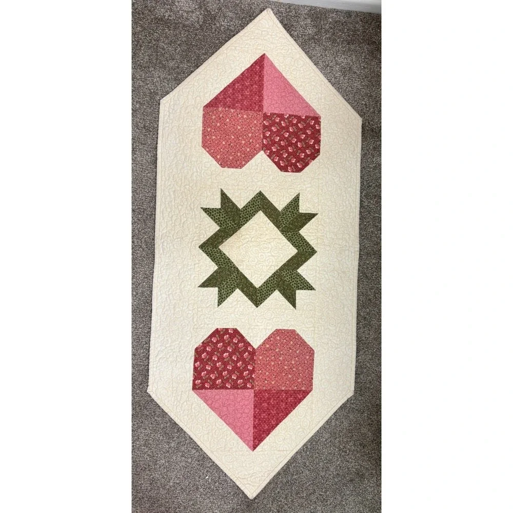 Handmade Quilted Table Runner Hearts Sawtooth Star Country Farmhouse Valentine